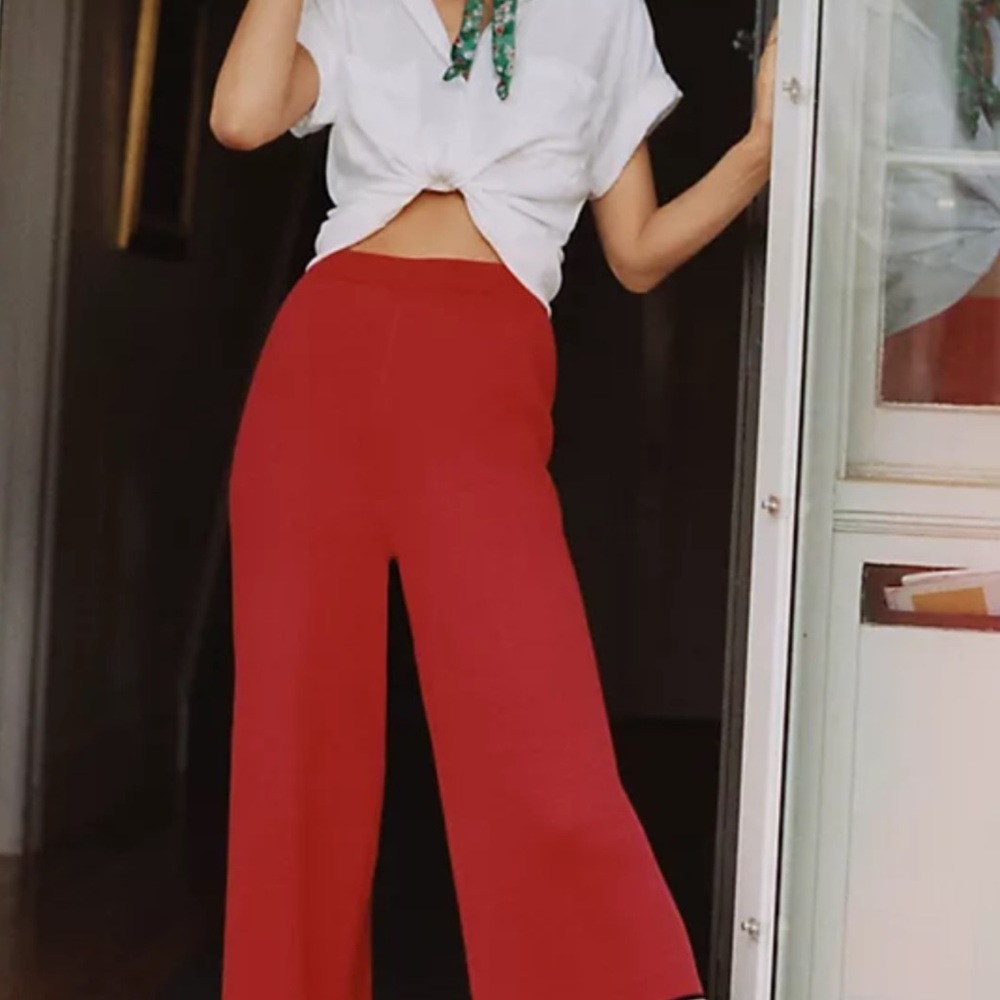 Anthropologie red knit wide leg pants with black and white stripe detail
